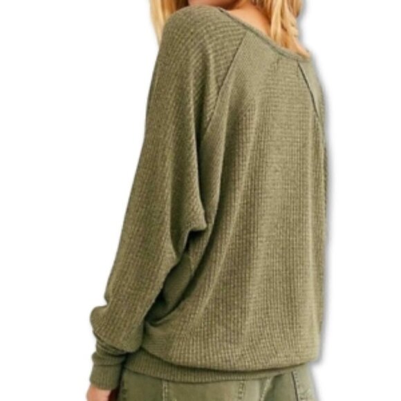 Free People Santa Clara Green V-Neck Thermal Dolman Sleeves Gorpcore Top - Picture 2 of 9